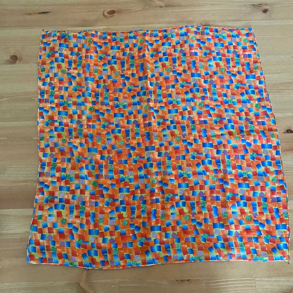 Vintage Geometric Mosaic Print Square Scarf Orange Blue Green Multicolored - Picture 2 of 10